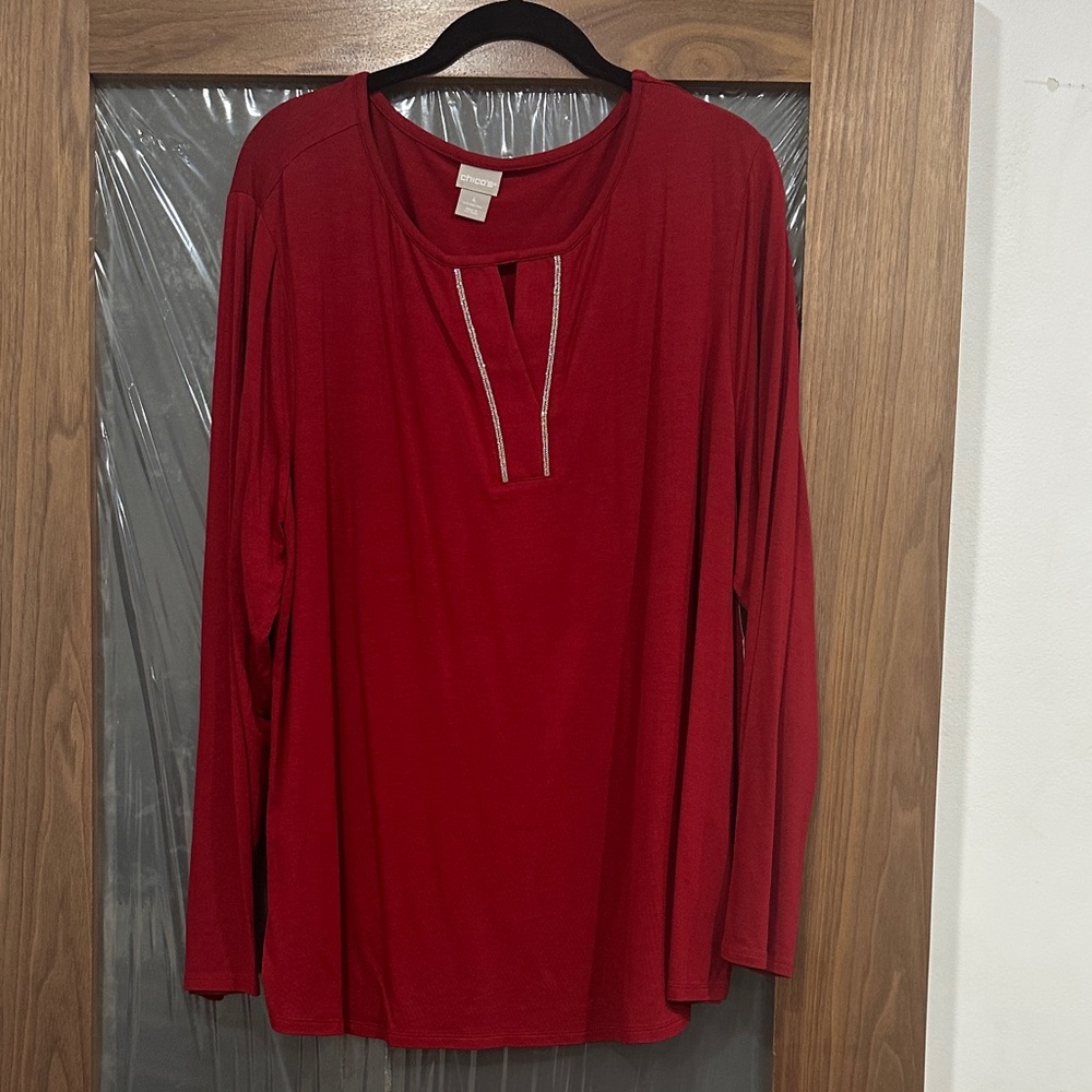 Chico's Red Long-Sleeve Split-Neck Top with Metallic Trim